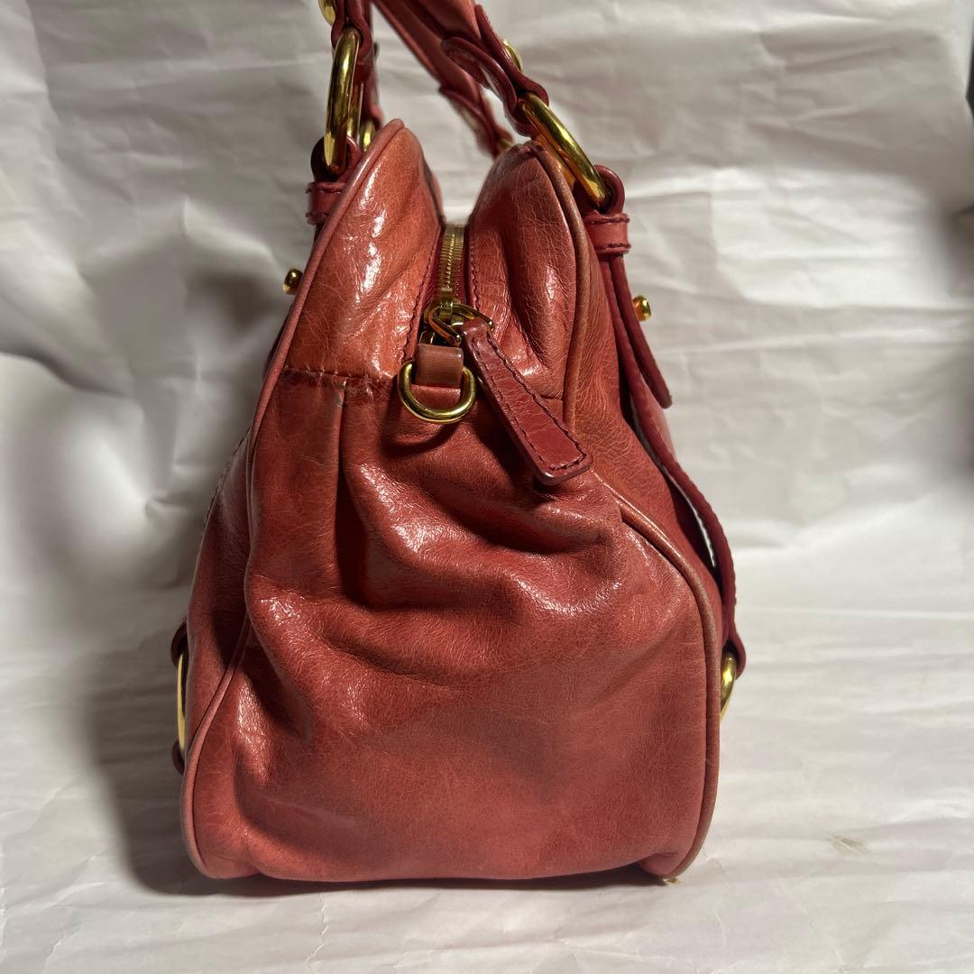 MIU MIU Salmon Pink Leather 2WAY Handbag Shoulder Zip Pockets #QYBMEK