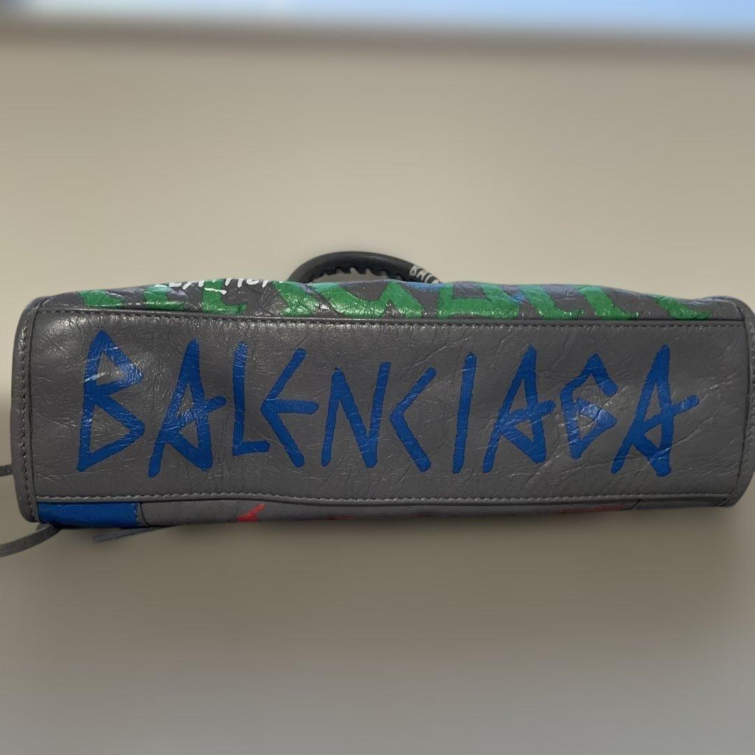 BALENCIAGA Graffiti Print 2-Way Grey Leather Handbag #QYGIYU