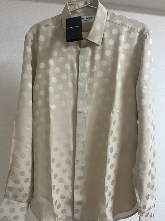 SAINT LAURENT long-sleeved silk shirt, size 36, beige, polka dot pattern #PCI7YF