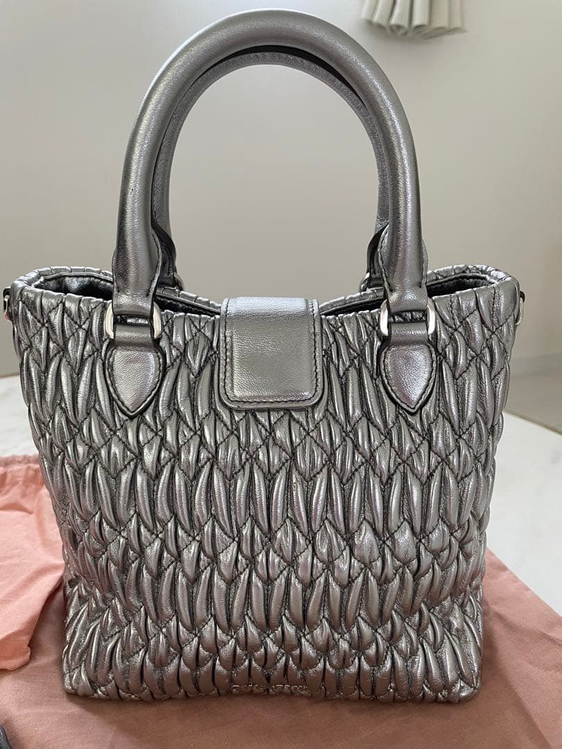 MIU MIU Nappa Crystal Tote Bag Silver Lambskin Mint #QY72TN