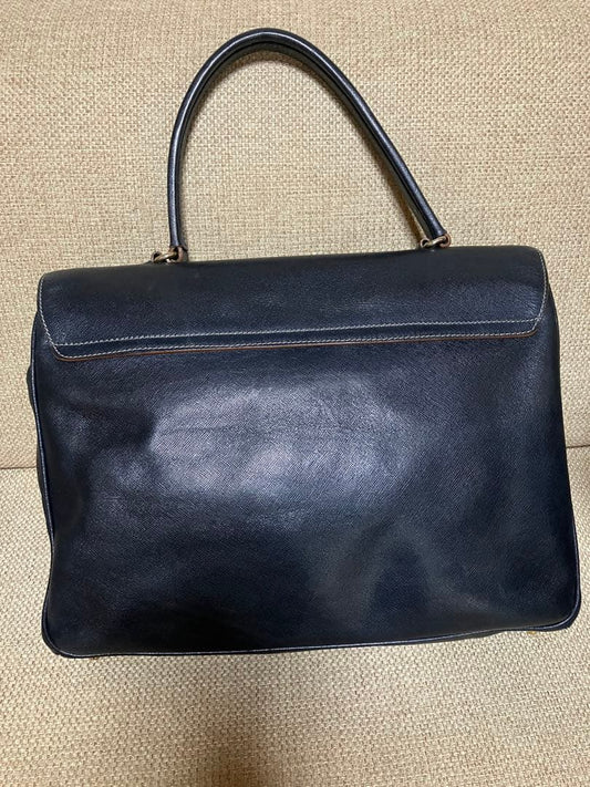 PRADA Saffiano Leather Flap Handbag Navy Gold Logo Lock #QYIW1E