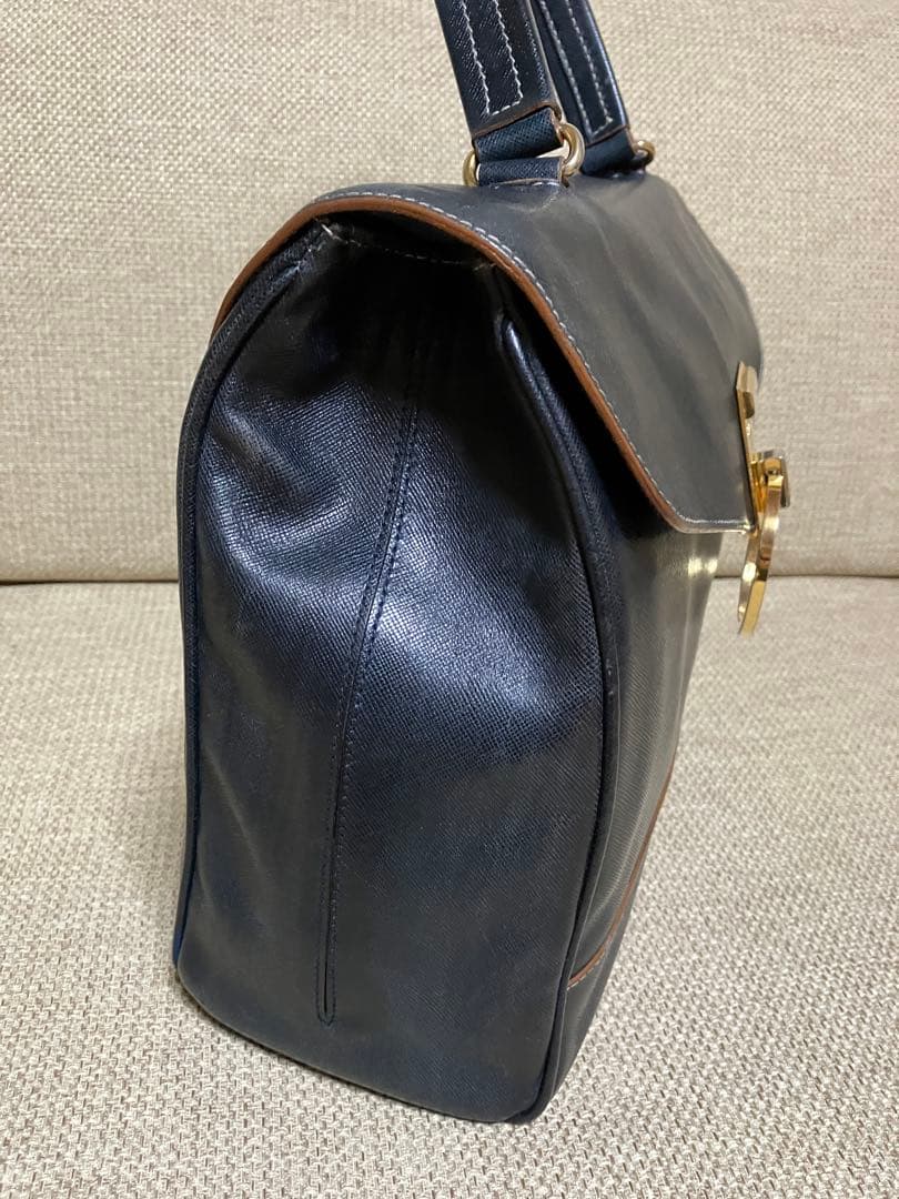 PRADA Saffiano Leather Flap Handbag Navy Gold Logo Lock #QYIW1E
