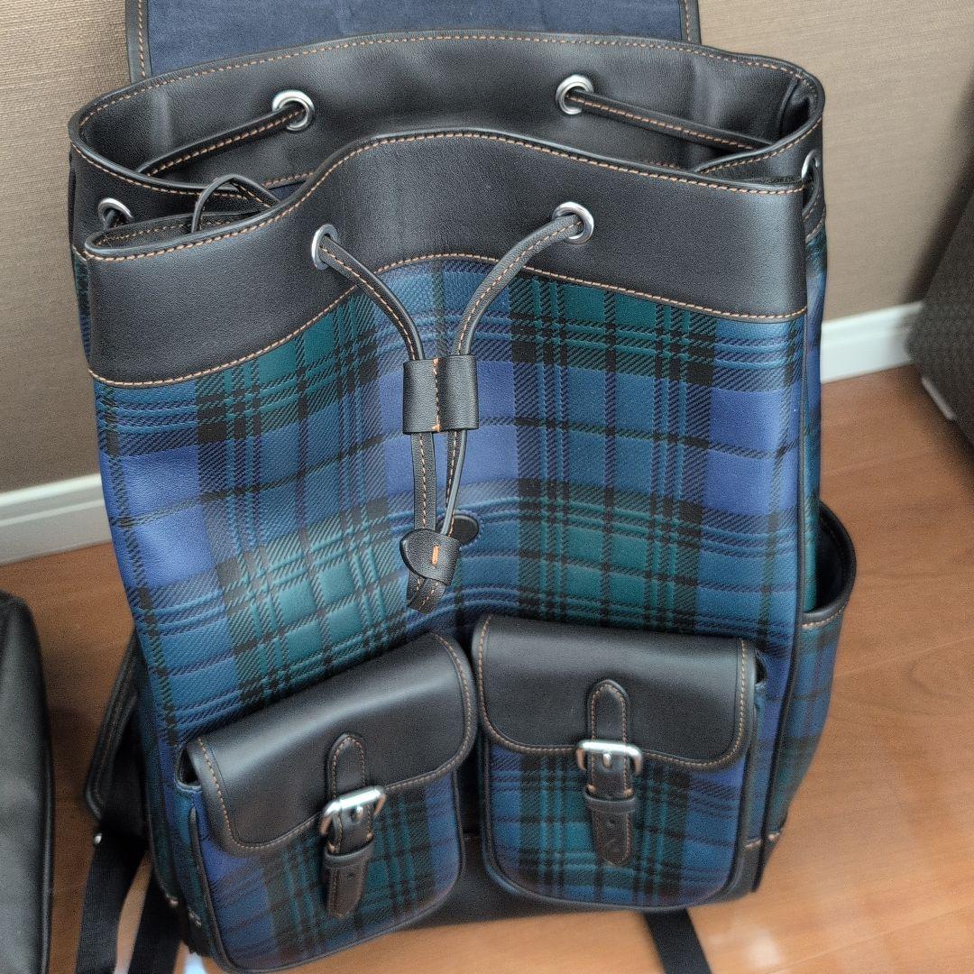 COACH Frankie Grabtan Leather Check Backpack, Black/Blue #QY0VGH
