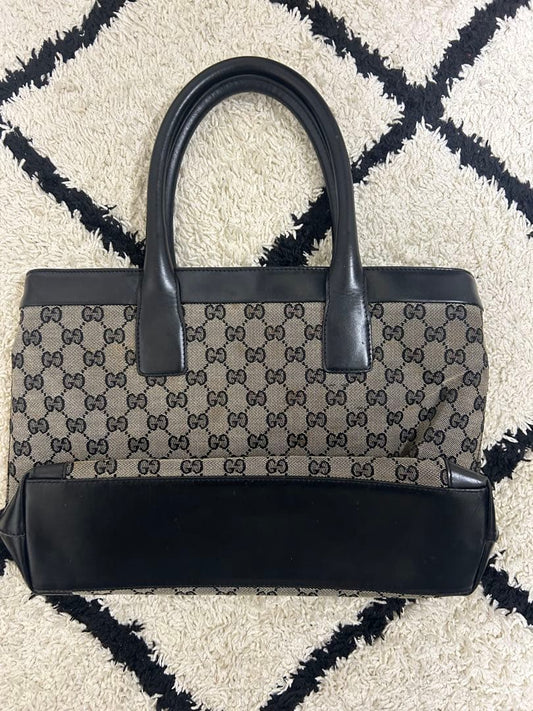 GUCCI GG Logo Pattern Handbag Beige Black Canvas Leather Zip Pocket Dust #QY4BRK