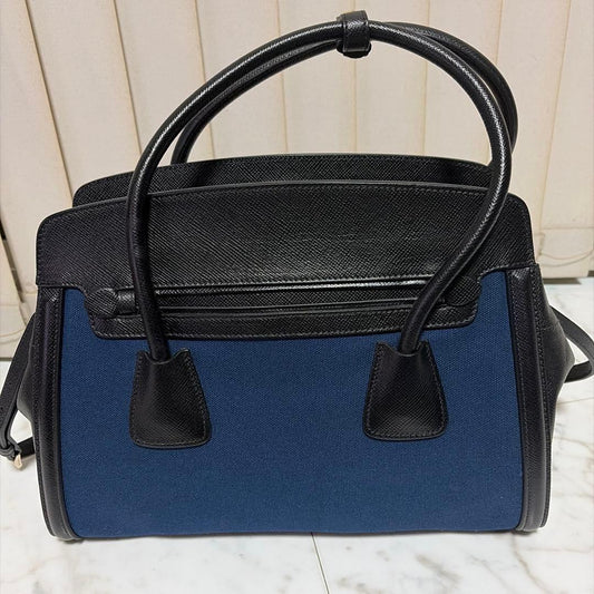 PRADA Navy Black Canvas Leather Handbag Shoulder #QYJXNC