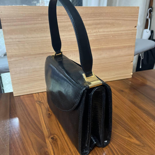 GUCCI Vintage Handbag Synthetic Leather Black Gold HW #QY7QSF