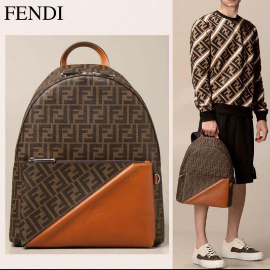 FENDI FF Zucca Pattern Backpack Brown Leather Canvas #QY8DCH