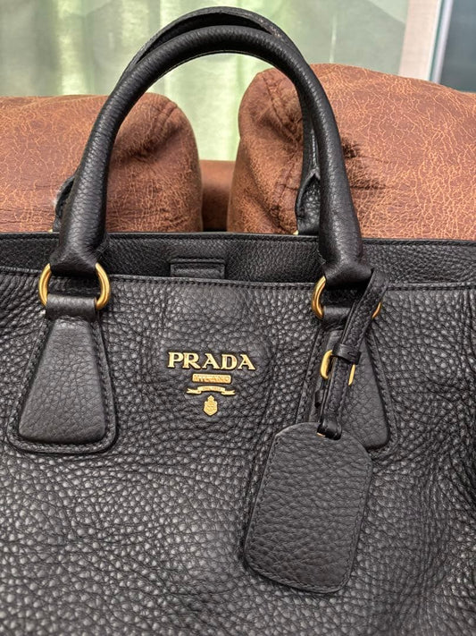 PRADA Black Leather Tote Bag with Tag #QY7BH4