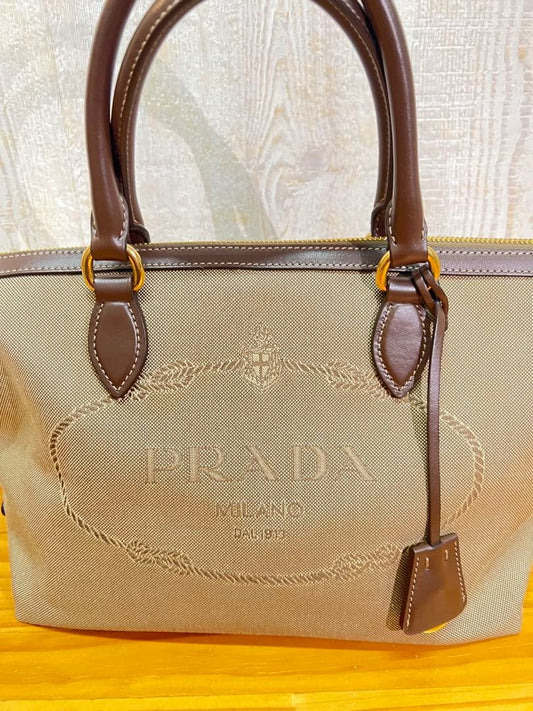 Prada nylon handbag, top, beige. #QYEUPB