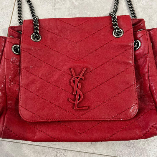 Saint Laurent Quilted Chain Shoulder Bag Red Leather #QYHN32