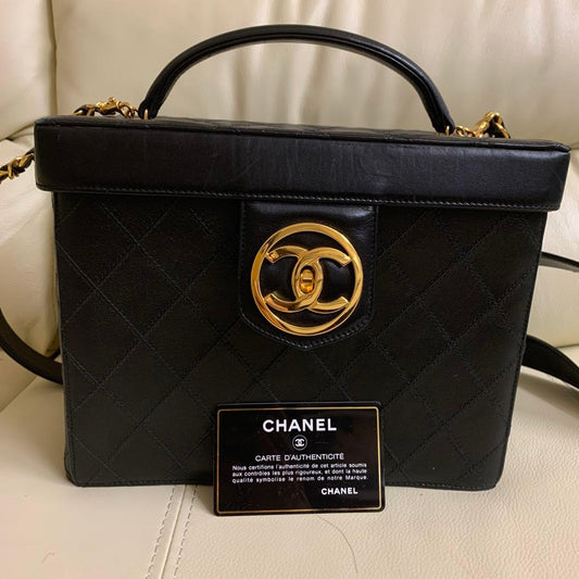 CHANEL handbag, black vanity bag, 2-way bag with mirror Leather #QY61TR