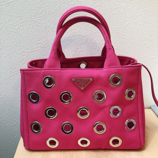 PRADA Canapa Grommet 2-Way Tote Bag Fuxia Pink Canvas Pouch #QYCFP3