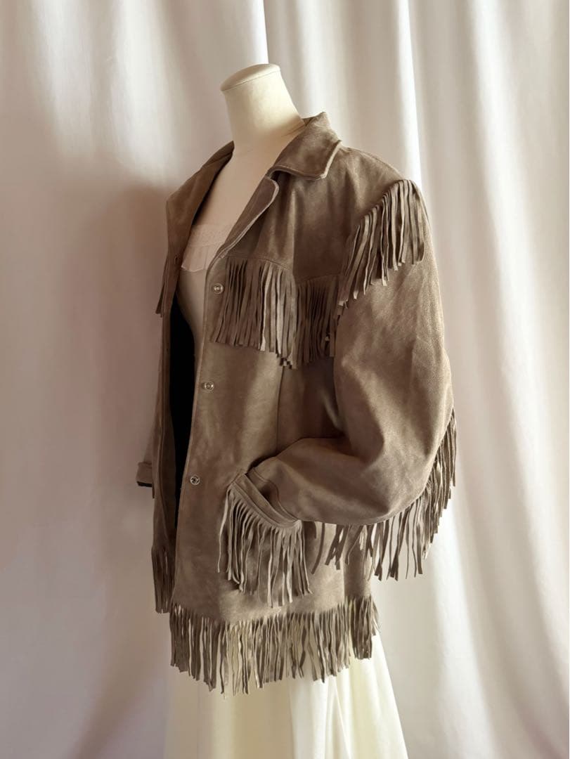 Vintage 70s USA fringe gray leather rider's jacket #QYFVTR