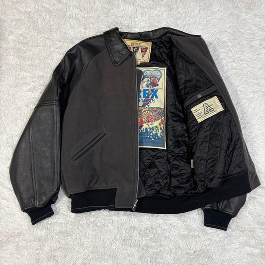 AVIREX Black Leather Jacket, XXL, Varsity Stadium Jacket #QYF10M