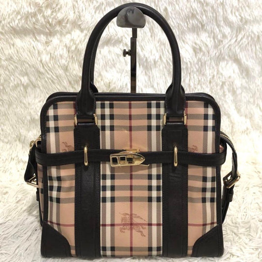 BURBERRY Nova Check Pattern Handbag Brown Leather Women #QY7BC6