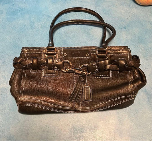COACH Black Leather Braided Handle Handbag Zip Pocket #QYJ488