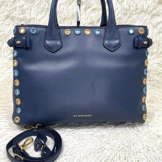 BURBERRY Nova Check 2WAY Navy Leather Handbag Mirror Patch Hard to Find #QY0OXA