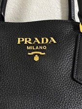 PRADA tote handbag, black leather, gold hardware #QY25YP