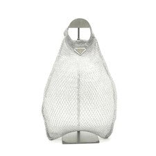 PRADA mesh hand tote bag with triangular logo, silver, lightweight. #QYEU9S