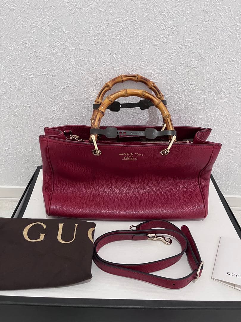 GUCCI Bamboo Leather Handbag 2WAY Shoulder W33cm H21.5cm Strap Dust Bag #QYI0S0