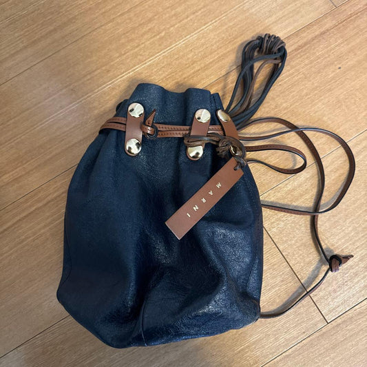 MARNI Navy Leather Drawstring Bag #QY1QSW