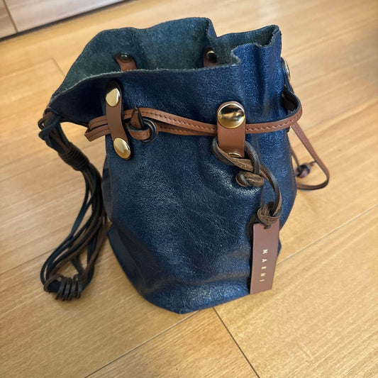 MARNI Navy Leather Drawstring Bag #QY1QSW