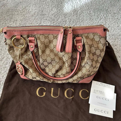 GUCCI GG Canvas Sukey Satchel Handbag Beige Pink 2-Way #QYIH03