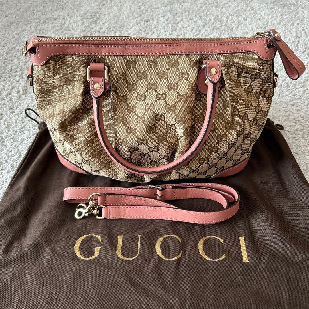 GUCCI GG Canvas Sukey Satchel Handbag Beige Pink 2-Way #QYIH03