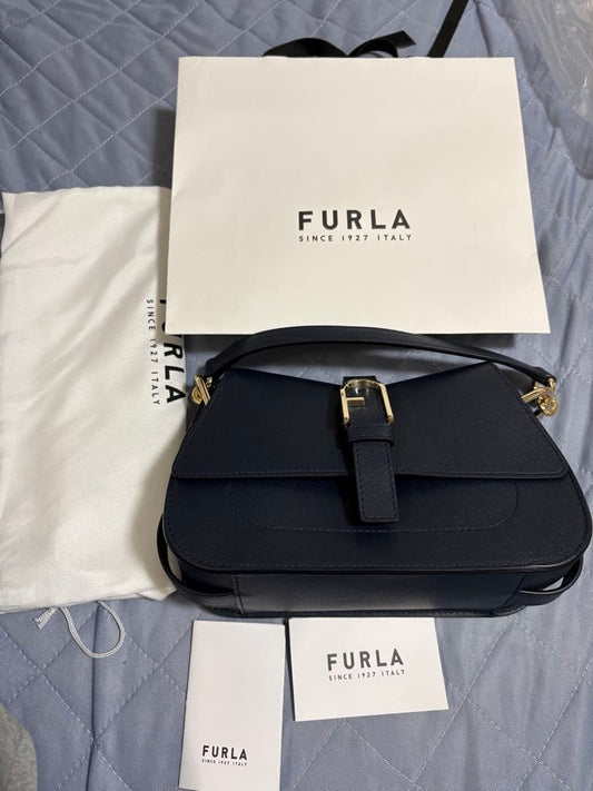 FURLA Handbag Navy Leather Dust Bag Gift Bag Card New w/ Tag #QY3V94