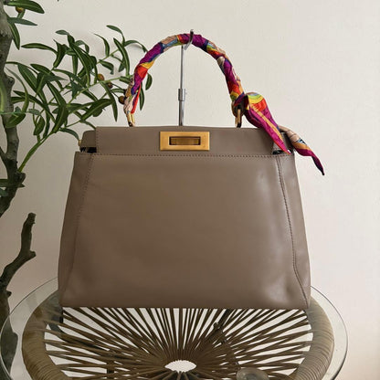 FENDI Peekaboo Medium Greige Taupe Calfskin Gold Hw #QYBDG5