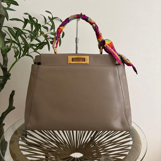 FENDI Peekaboo Medium Greige Taupe Calfskin Gold Hw #QYBDG5