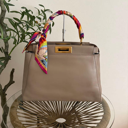 FENDI Peekaboo Medium Greige Taupe Calfskin Gold Hw #QYBDG5