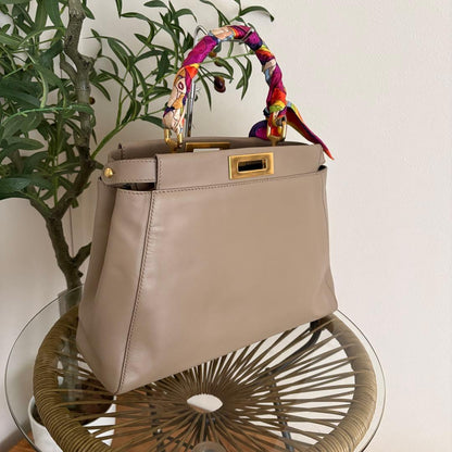 FENDI Peekaboo Medium Greige Taupe Calfskin Gold Hw #QYBDG5