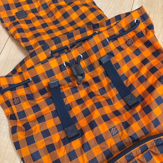 LOUIS VUITTON Orange Check Pattern Backpack Front Pocket #QYJXNL