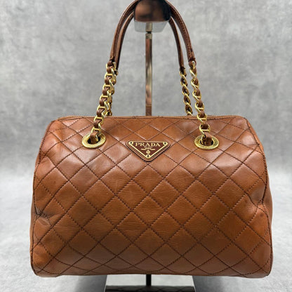 PRADA Triangle Logo Quilted Leather Chain Handbag Brown #QYC8LP