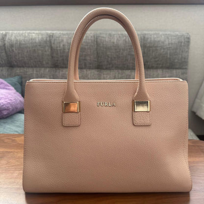 FURLA Pink Beige Leather Tote Bag Gold Hardware #QYJCA5