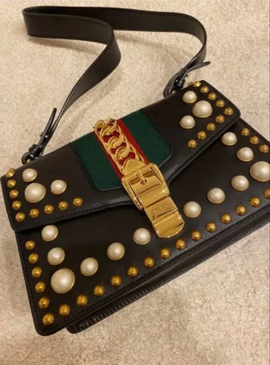 GUCCI Sylvie Studded Pearl Black Leather Handbag Shoulder #QYG4LI