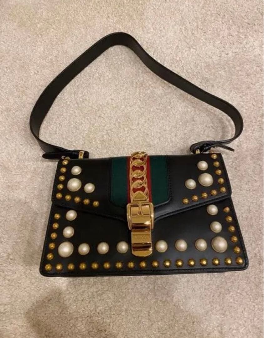 GUCCI Sylvie Studded Pearl Black Leather Handbag Shoulder #QYG4LI