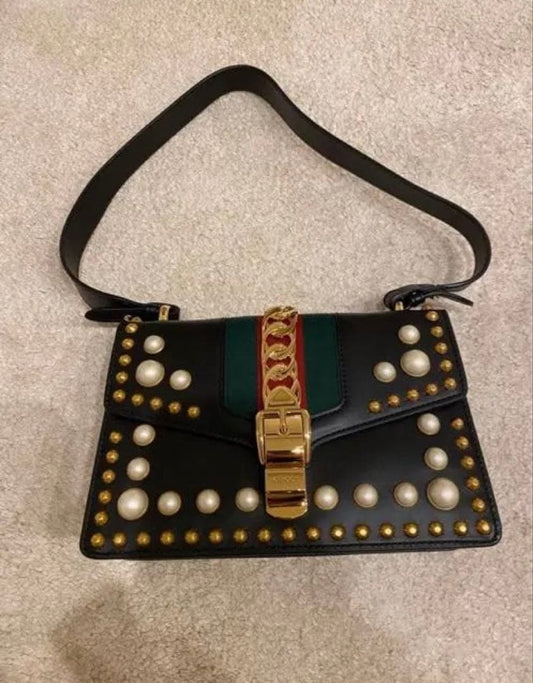 GUCCI Sylvie Studded Pearl Black Leather Handbag Shoulder #QYG4LI