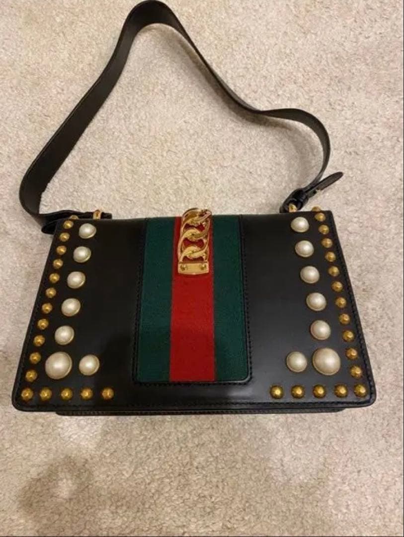 GUCCI Sylvie Studded Pearl Black Leather Handbag Shoulder #QYG4LI