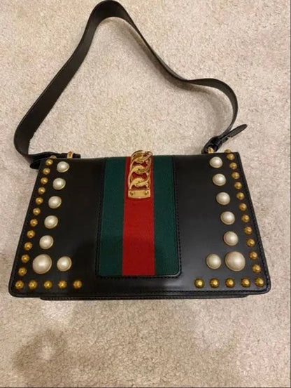 GUCCI Sylvie Studded Pearl Black Leather Handbag Shoulder #QYG4LI