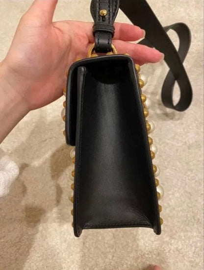 GUCCI Sylvie Studded Pearl Black Leather Handbag Shoulder #QYG4LI