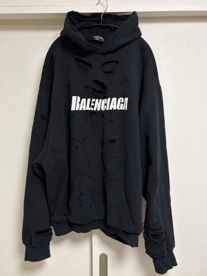 BALENCIAGA 21SS Destroyed Hoodie Black M #QY30HX