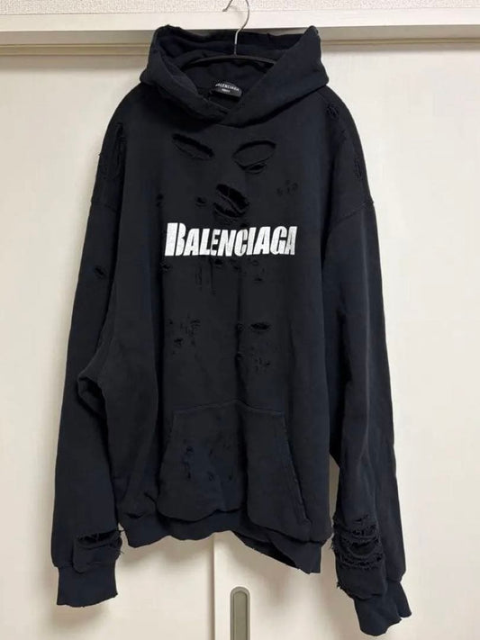 BALENCIAGA 21SS Destroyed Hoodie Black M #QY30HX