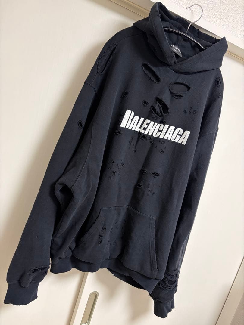 BALENCIAGA 21SS Destroyed Hoodie Black M #QY30HX
