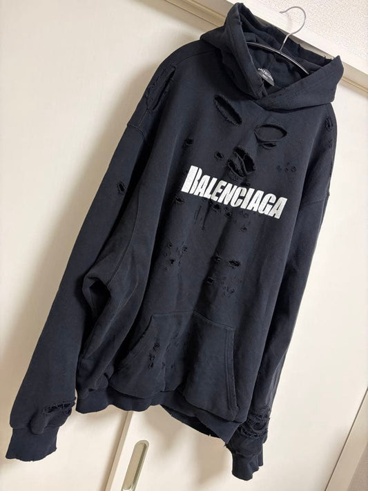 BALENCIAGA 21SS Destroyed Hoodie Black M #QY30HX