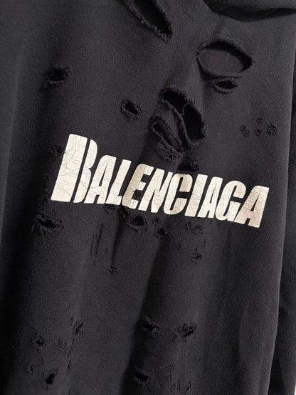 BALENCIAGA 21SS Destroyed Hoodie Black M #QY30HX