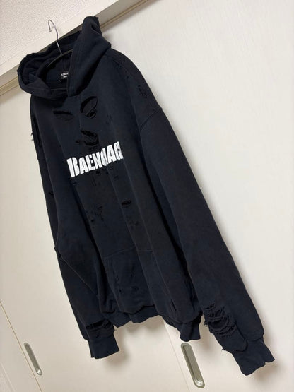BALENCIAGA 21SS Destroyed Hoodie Black M #QY30HX