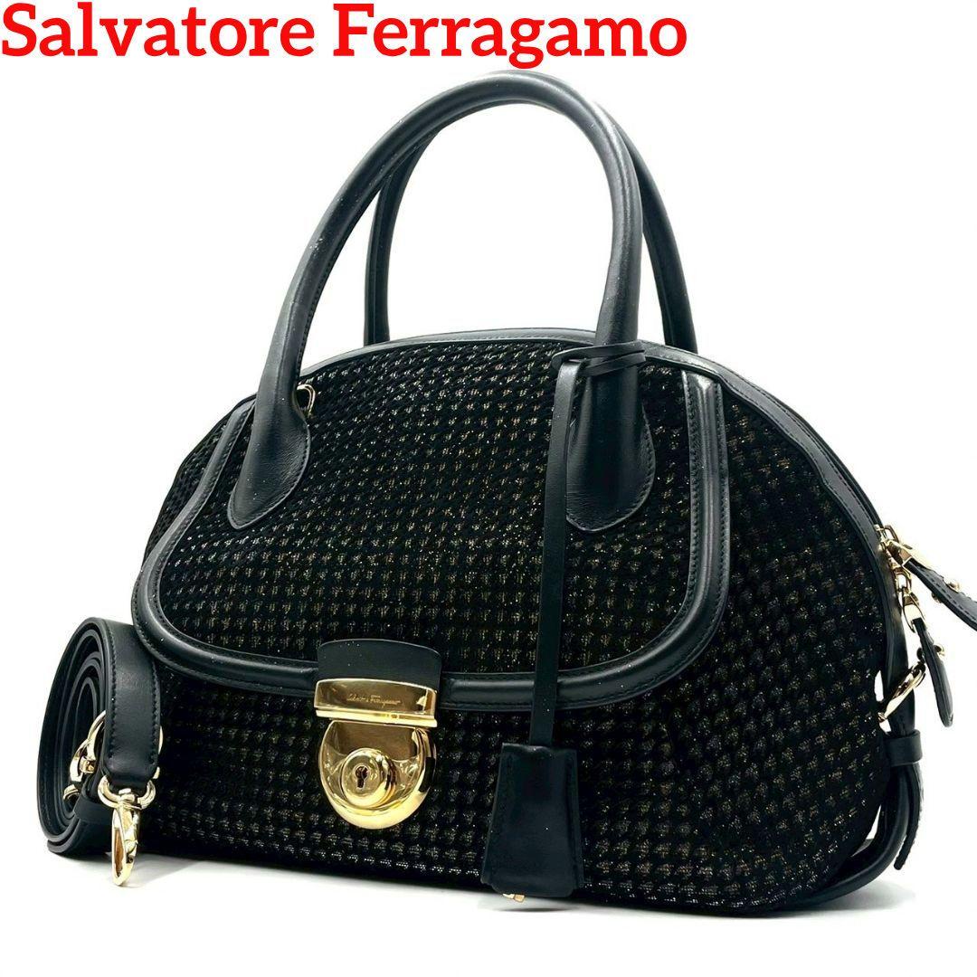 Ferragamo Fiamma 2-Way Handbag Black Lame Glitter Mint #QY6WP7