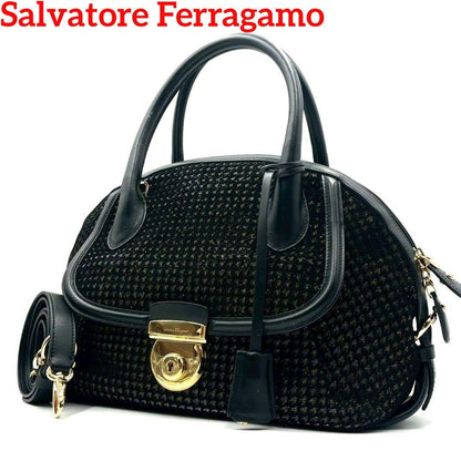 Ferragamo Fiamma 2-Way Handbag Black Lame Glitter Mint #QY6WP7